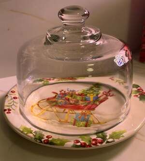 Pier 1 Winter Wonders Christmas Sleigh Ironstone Plate Glass Cloche Dome Set